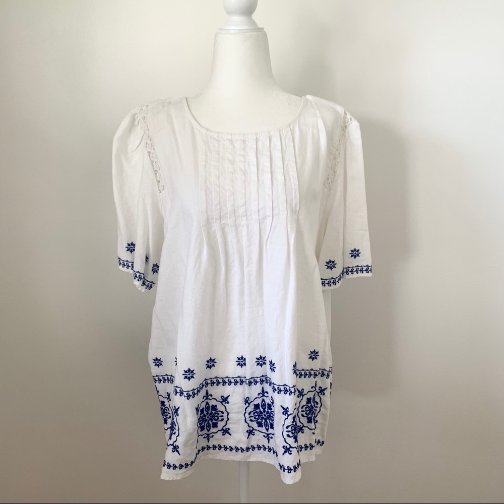 Loft White Pintuck Embroidered Blouse